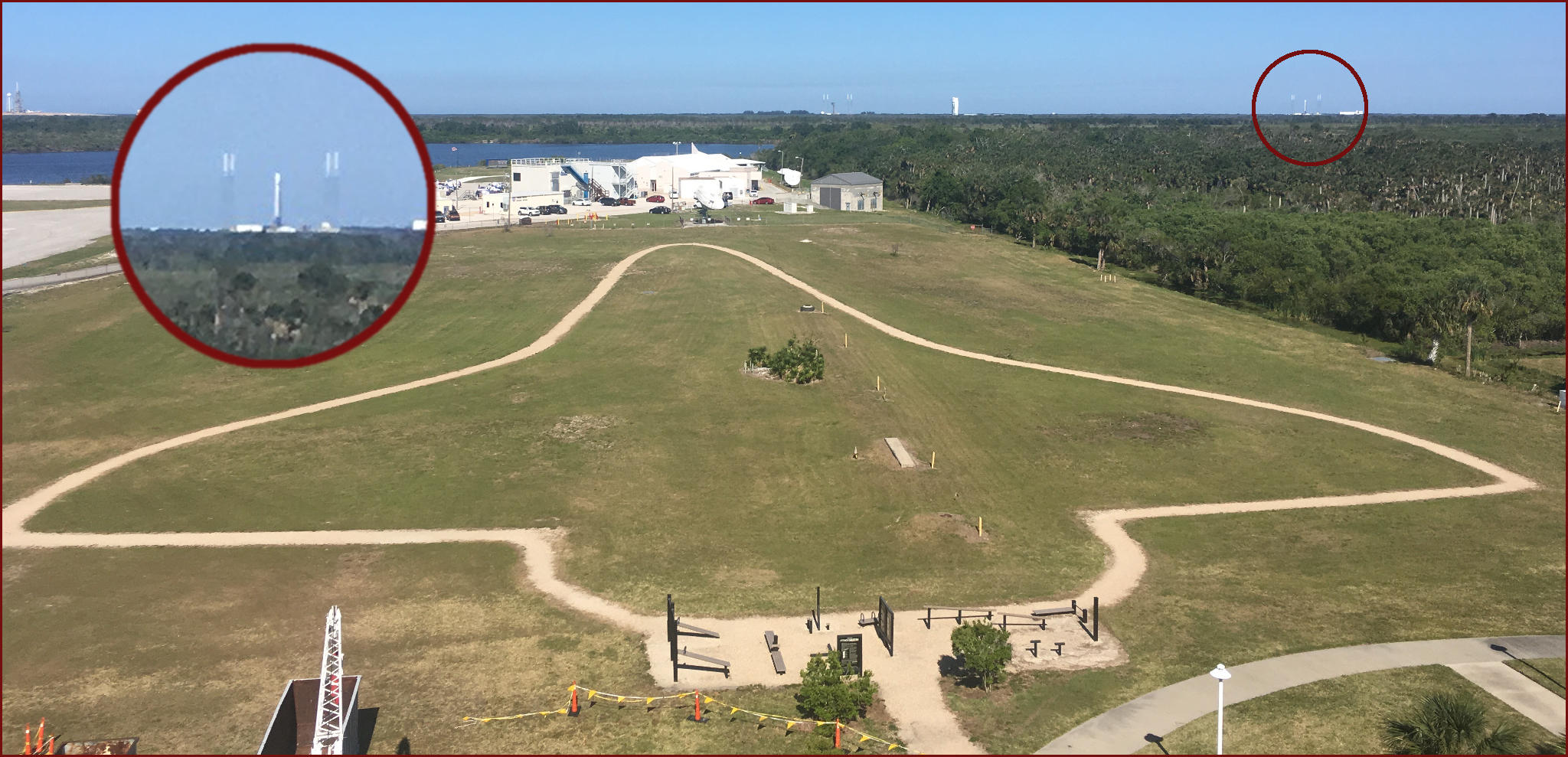 TESS on the launchpad, way off in the distance. The outline of the space shuttle in the lawn is a running track