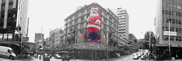 Farmers Santa up on the Whitcolls Building in Auckland
