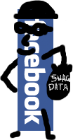 A terrible cartoon of the Facebook logo stealing your data