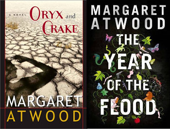 Cover art for both Oryx and Crake, and The Year of the Flood