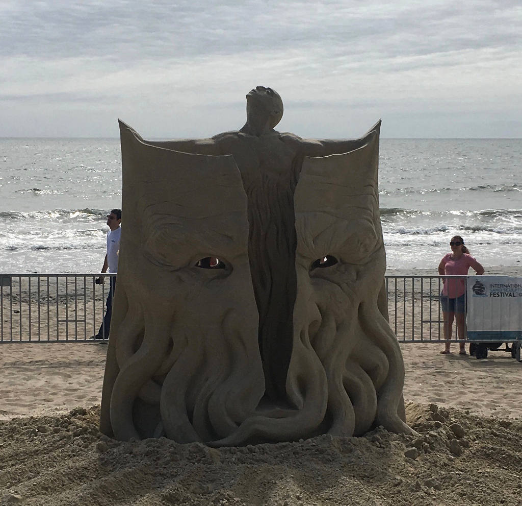 The front of the Lovecraft sculpture featured glowing eyes (actually holes through the structure, but the effect was striking)