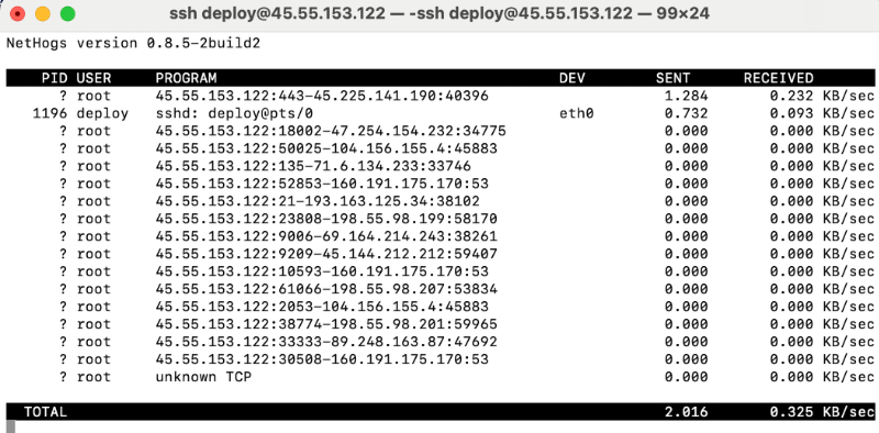 Screenshot from the nethogs utility showing many unexplained connections