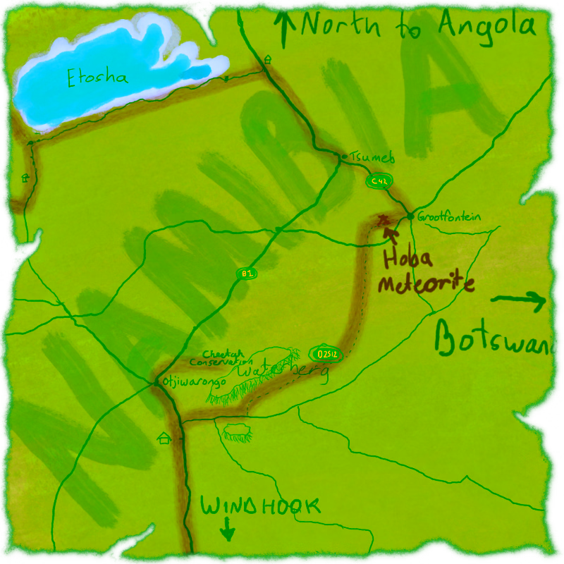 Map of Northern Namiba showing the location of the Hoba Meteorite. The red ribbon is our approximate route.