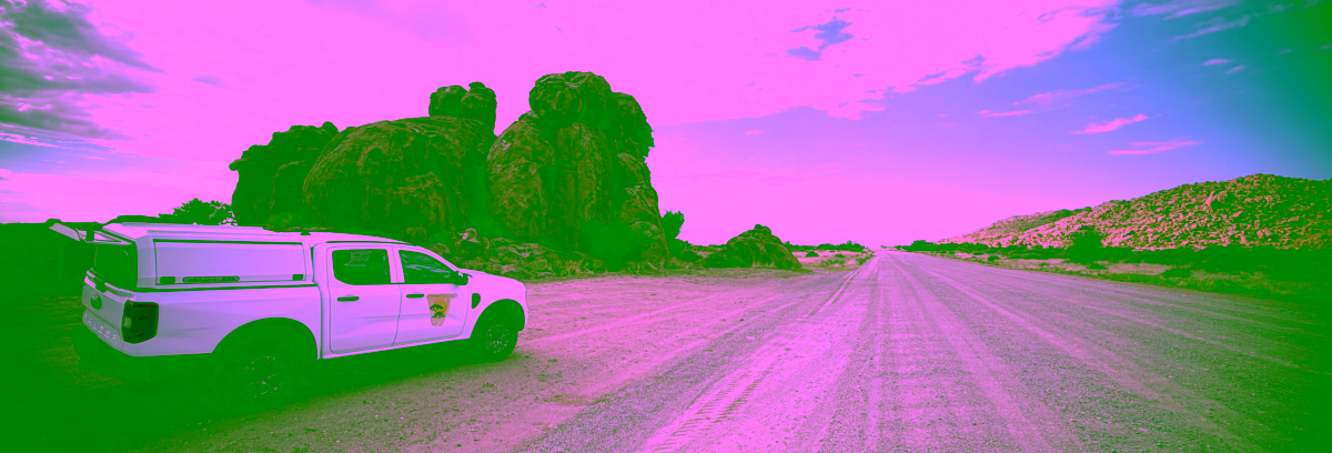 Our Ford Ranger near some rocks. This stretch of road is pretty good.