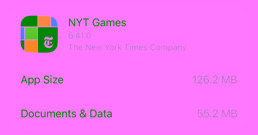 The NYT Games app takes a combined 181Mb of storage. Can't blame the app icon for all of it.