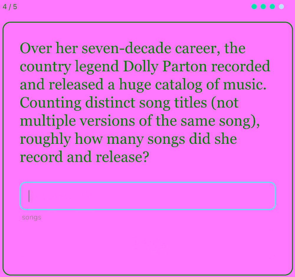 An example of a Estimania question - I defy even the biggest Dolly Parton fan to get the exact answer but you will get some points for even a poor guess. I was waaaay off with this question.